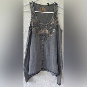 Guess vintage oversized tank top, tan embroidered design, handkerchief hem; XS